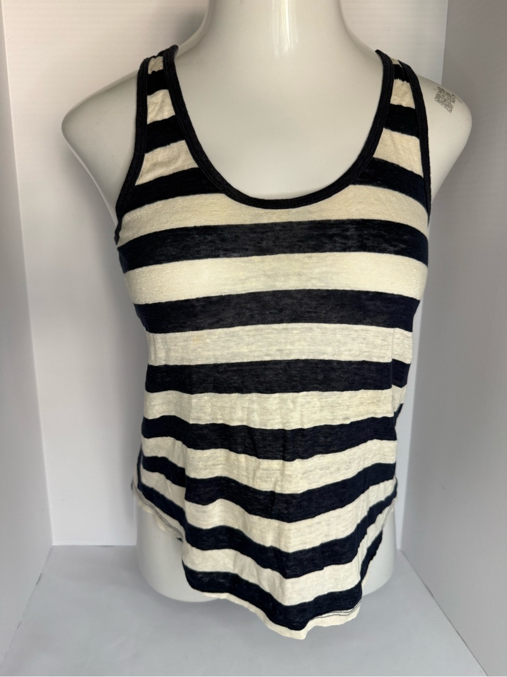 J. Crew 100% linen Navy and Cream Striped Scoop Neck Tank